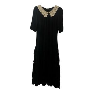 Modest Black Midi Dress with Cream Lace Collar